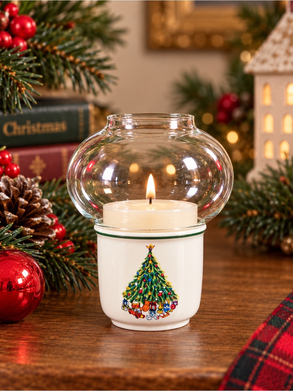 Vintage Noel Mini Hurricane Lamp Traditional Christmas Tree NOS 1990s